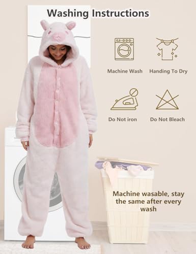 chuangminghangqi Einteiliger Schlafanzug Damen Lang Winter Einteiler Tierkostüm Erwachsene Kostüm Jumpsuit Damen Kuschelig Pyjama Fleece Onesie Kleidung Mit Kapuze(Rosa,L)
