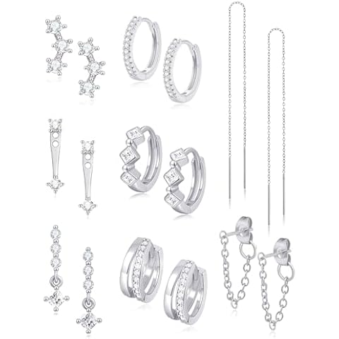 Akeoqi 8 Pairs 18K Gold Plated Long Chain Dangle Earring Dainty Stack Cartilage Hoop Earrings Set Cubic Zirconia Flat Back Stud Earrings for Women Silver Tone Cover