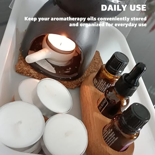 Image of VolksRose Red Oak Essential Oil Organizer 5~20ml - 3 Bottle Wooden Oil Holder - Display Stand for Travel & Home, Storage Rack for Essential Oils, Nail Polish, Perfume, Compact Shelf for Tabletop