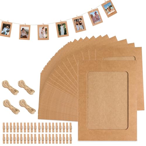 MFUSUL 40 guirnaldas de fotos con pinzas, DIY de 6 pulgadas, marco de fotos de papel de estraza 40 unidades, pinzas de madera, colgar fotos, para cumpleaños, bodas, fiestas, aniversarios, decoración