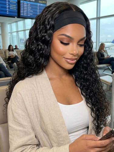 KLAIYI Water Wave 3 In 1 Flip Over 3/4 Half Wig Human Hair Curly Flip Over Seamless Blend Edges Glueless Wear and Go Drawstring Headband Clip In Wigs for Women Ready to Go Wig Beginner Friendly 26Inch