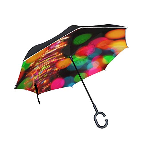 Preisvergleich Produktbild MyDaily Doppelschichtiger umgekehrter Regenschirm für Autos / Rückwärtsschirm, Weihnachtsbaum, Bunte Glühbirnen, Winddicht, UV-beständig