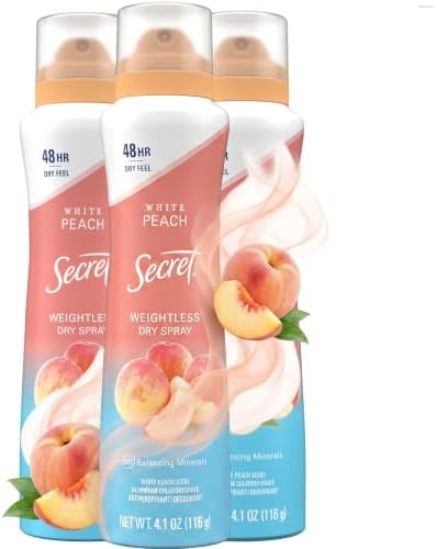 Secret Dry Spray Antiperspirant Deodorant for Women, 48hr Weightless Sweat & Odor Protection, Gentle on Skin, White Peach Scent, 4.1 oz (Pack of 3)