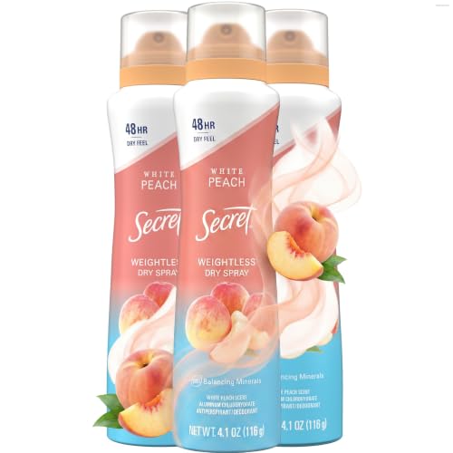 Secret Dry Spray Antiperspirant Deodorant for Women, 48hr Weightless Sweat & Odor Protection, Gentle on Skin, White Peach Scent, 4.1 oz (Pack of 3)