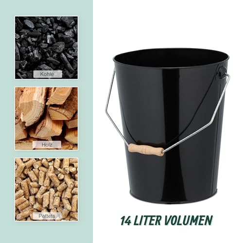 Relaxdays Kohleneimer, Volumen 14 Liter, Kohle, Pellets, Briketts, Kaminzubehör, Ascheeimer mit Henkel, schwarz/natur