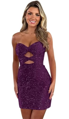Sparkly Sequin Homecoming Dresses Cut Out Short Prom Dress Strapless Cocktail Party Mini Gowns