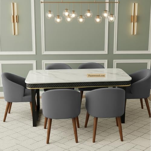 Image of 6-Seater Modern Top Dining Table Set | Premium Nano Composite Marble Top, MS Foldable, Sheesham Wood Legs | Suede Upholstered Chairs | Luxury Dining Furniture for Home (Grey) - 36 inchX72 inchX30 inch,