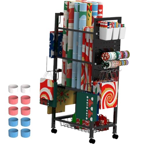 Topbooc Gift Wrapping Paper Organizer Storage with Wheels and 10 Slap Bands, Gift Wrap Storage Station with Ribbon and Gift Bag Storage, Rolling Craft Storage Cart by Topbooc - Used condition - US$54.71