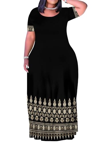 Image of PinkPatty Plus Size Maxi Dress for Curvy Women Crew Neck Long Sleeves Casual Dress Vacation Sundresses with Pockets