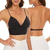 Strappy Low Back Bra for Women Deep V Low Cut Backless Bralette Multiway Convertible Straps Halter Bra Black