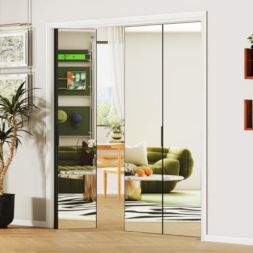 Image of Bifold Door for 48 inchx80 inch Opening, Preassembled Aluminum Alloy Mirrored Folding Door with Hardware Kit Included, Interior Bi fold Barn Door for Bedroom & Closet, Black