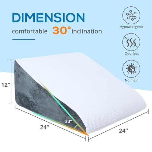 Image of Sasttie Wedge Pillow 24x24x12 inch, Memory Foam Bed Wedge, Dark Grey | Triangle Pillow for Sleeping, Acid Reflux, Back Pain, Post-Surgery, and Snoring, Designed with Removable Washable Cover