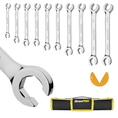 GRENPRO 6-Point Flare Nut Wrench Set 10Pcs CR-V Steel Brake Line Wrench Kit for Cars & Trucks Complete Standard (1/4-7/8) and Metric (9-21mm) Sizes Includes Storage Pouch & Identification Gauge