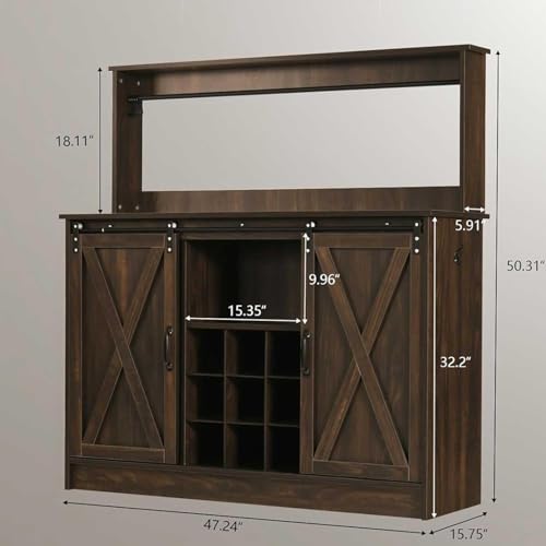 4ever2buy Farmhouse Coffee Bar Cabinet with 6 Hooks, 47 Inch Coffee Bar Hutch with 9 Wine Racks, Wine Bar Cabinet with Sliding Barn Door and Adjustable Shelves for Dining Living Room, Dark Oak - Image 3