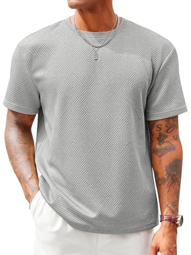 Runcati Men's Casual T-Shirts Short Sleeve Crewneck Summer Stretchy Shirt Textured Jacquard Tops Grey