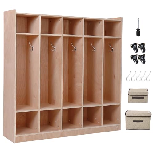 GarveeHome 5-Section Classroom Coat Locker, 10 Cubbies for Classrooms, Daycare Cubby with 4 Casters, 5 Hooks and 2 Storage Boxes, for Home, School