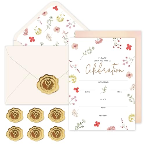 Invitaciones de flores silvestres en blanco para rellenar set de papelería Whaline con sobres