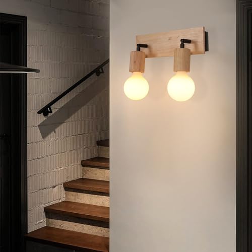 Apliques de pared de madera estilo vintage E27 con 2 focos regulables para techos de interior 6