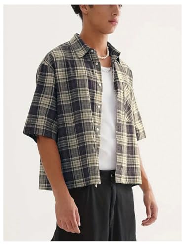 GORGLITTER Men's Plaid Cropped Shirt Button Down Short Sleeve Vintage Streetwear Baggy Collar Vacation Crop Tops3