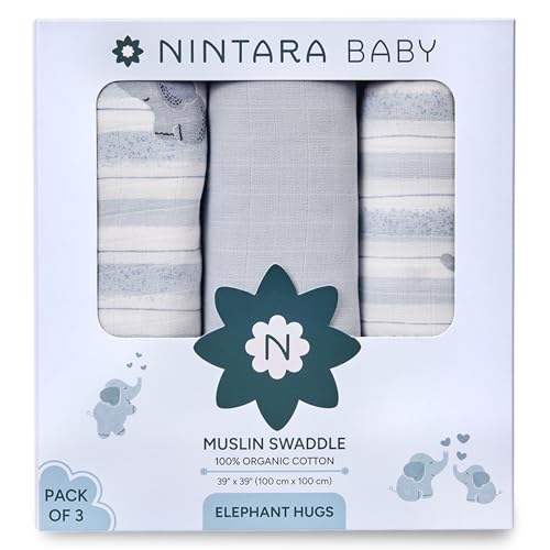 Nintara Baby Swaddle - 100% Organic Premium Muslin Cotton 39 x 39 (100 cm x 100 cm) Ultra-Soft Breathable & Lightweight Multipurpose Unisex Hypoallergenic Gifts for Newborn Babies Pack of 3