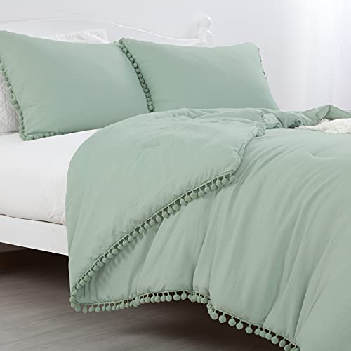 HOMBYS Bommel-Bettwäsche-Set, leicht, King-Size-Größe mit 2 Kissenbezügen mit Ballfransen, sehr weich, gebürstete Mikrofaser-Daunen, Alternative Steppdecke, Salbeigrün (King Size, Salbei) Cover