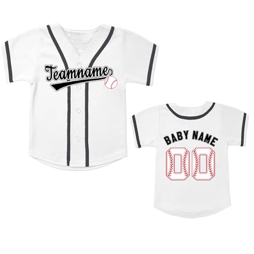 Baby Custom Baseball Jerseys Boy Girl Custom Personalized Name Number Baseball Shirt V-Neck Short Sleeve T-Shirt White 6M