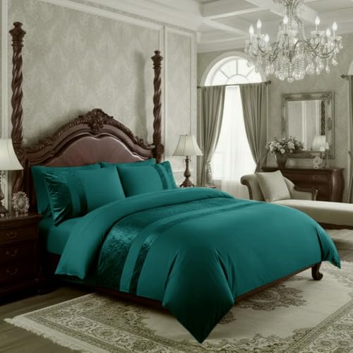 Casabella Luxury Crushed Velvet Panel Band Duvet Cover Sets with Pillow Case King Duvet Cover Bedding Set – Color Jade Crush Velvet King Duvet Cover Sets