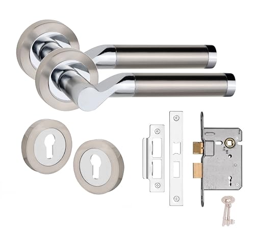 Golden Grace Titan Design Key Lock Door Handles Set on Round Rose in Satin Nickel Polished Chrome Finish with 64mm 3 Lever Mortise Lock & Key Hole