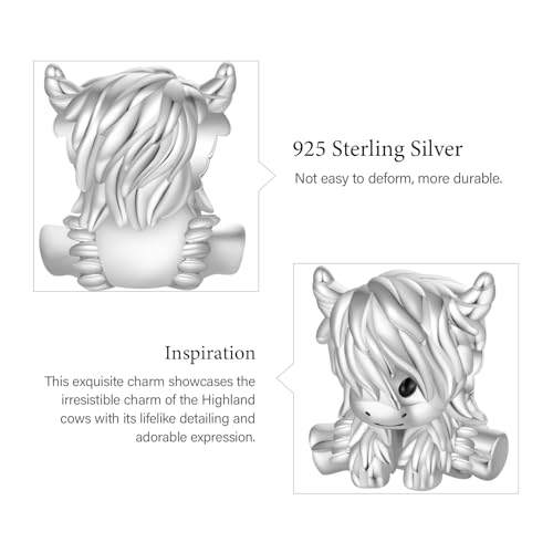 GNOCE Scottish Highland Cow Cute Love Charm For Women, S925 Sterling Silver Bead Charm Bracelet for Her, Jewelry Gift Animals4