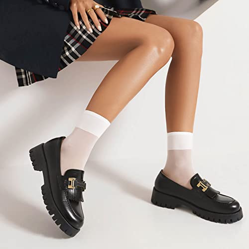 Chunky Platform Loafers For Women With Kiltie Fringe Metal Buckle Decoration Lug Sole Kitten Heel Microfiber Leather Moc Toe Slip-On Shoes, Black 8 #TOP2