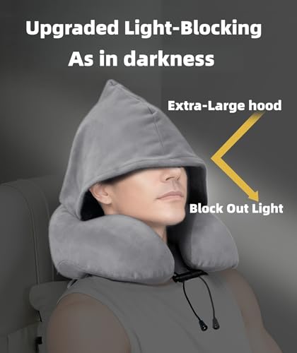 Image of Travel Neck Pillow with Extra Large Hood Rollable Airplane Hooded Neck Pillow with Memory Foam Filling and Removable, Skin-Friendly Cover with Carrying Case & Pouch (Velvet)