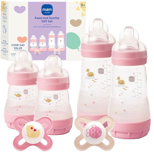 Image of MAM Easy Start Anti-Colic Baby Bottle Starter Set – 4 Self Sterilizing Bottles (5oz & 9oz) + 2 Newborn Pacifiers Breastfed Baby Feeding Gift Set