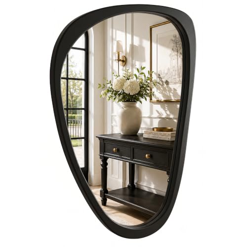 Image of Solid Wood 30x20 Matte Black Organic Irregular Wall Mirror Decor | Bold black finish and asymmetrical shape add clean contrast to modern powder rooms, small bathrooms, entryways, hallways.
