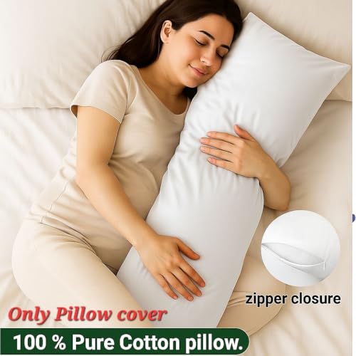 Image of 100% Cotton 600 TC Body Pillow Cover - Ultra Soft & Breathable Long Pillowcase | Zipper Closure | 20 inchx54 inch | White | Ideal for Pregnancy, Side Sleepers & Full Body Support