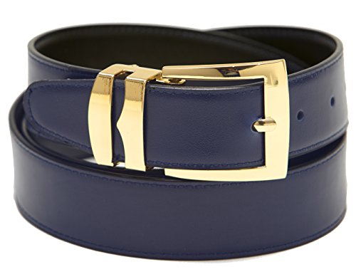 Men's Belt Reversible Wide Bonded Leather Gold-Tone Buckle NAVY BLUE/Black