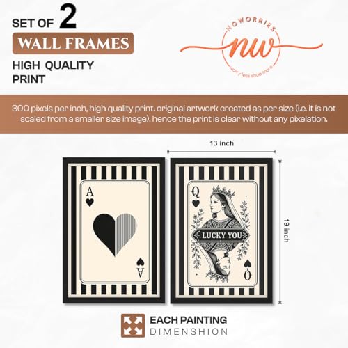 Image of NoWorries Ace & Queen of Hearts Playing Card Wall Art Set of 2, Black and White Casino Decor, Framed Poker Room Wall Decor, Minimalist Playing Card Prints, Modern Game Room Artwork for Living Room (Art-14, 13x19inch)