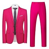 MOGU Mens Slim Fit Suit 2 Piece Tuxedo for Daily Business Wedding Party (Suit Jacket + Pants) US Size Blazer 44/Pants 40 Hot Pink