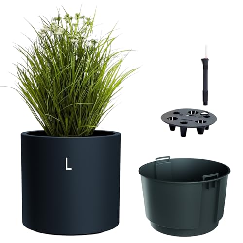 MELTOM Blumentopf mit Einsatz & Bewässerungssystem – Rund & Modern – Frost- & UV-beständig – Kunststoff Pflanzkübel für Innen & Außen – (Anthrazit, L)