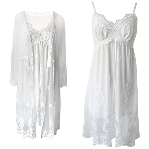 Jamron Mujer 2 Piezas Retro Camisones de Encaje - Cuello en V Camisón Acolchado con Correa Ajustable + Bata Kimono - Elegante Ropa de Dormir para Novia Boda Fiesta & Loungewear Blanco L