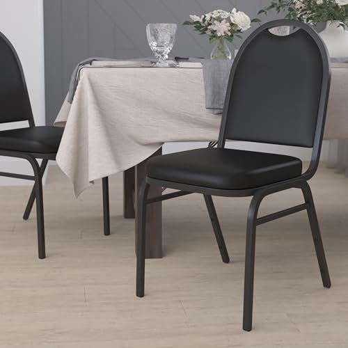 Flash Furniture HERCULES Set of 4 Commercial Grade 500 LB. Capacity Dome Back Stack Chairs - Black Vinyl Upholstery - Black Metal Frames - Built-In Handle - Image 7