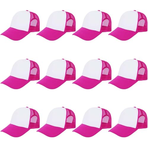 ZH 12 Pcs Sublimation Trucker Hats Blank Mesh Baseball Cap Polyester Bulk Mesh Trucker Hat for Men and Women Pink