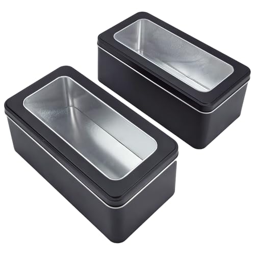 Goodma 2Pcs Rectangle Metal Tins Containers with Window Lids Mini Storage Canister Jars Set for Home Kitchen Office and School Supplies