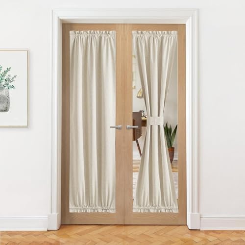 NICETOWN 100% Blackout Linen Curtain for French Front Door Thermal Insulated Door Curtain Panel with Tieback for Patio Glass, Linen Sheer Drapes for L