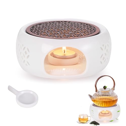 Stövchen Keramik, Stövchen für Teekanne mit Teelichthalter und Herdmatte, Teekannenwärmer mit Hohl Geschnitztes Design, Porzellan Teewärmer zur Wärmeerhaltung von Tee Kaffee Milch – Weiß