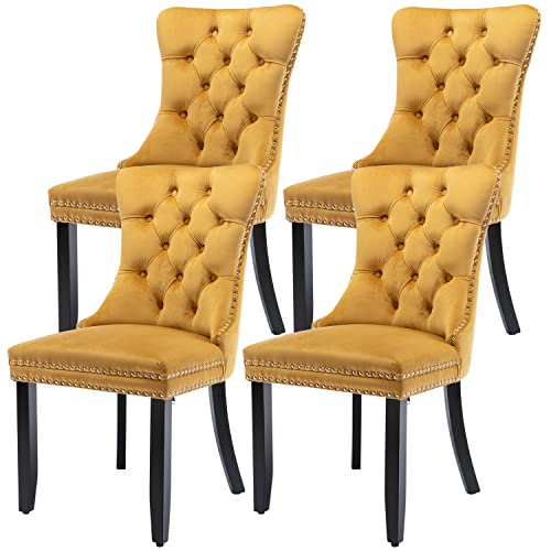 Image of Virabit Velvet Dining Chairs Set of 4, Tufted Upholstered Dining Chairs with Nailhead Back and Ring Pull Trim, Solid Wood Dining Chairs for Kitchen /Bedroom /Dining Room (Gold)