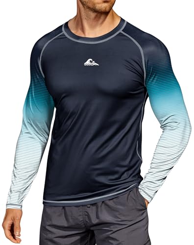 ERECT PEAK Mens Rash Guard 2026 Fashion Activewear Pool Long Sleeve Surf Moisture Wicking UPF 50+ Quick Dry Fit SPF Muscle Beach Graphic Heavy Sun UV Protection Swimwear Shirt Black-Blue White XL