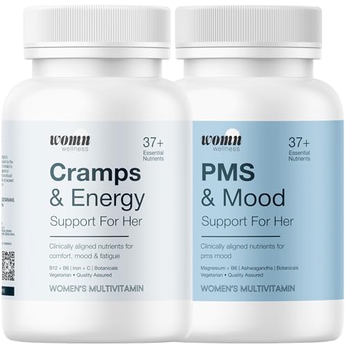 Image of WOMN Multivitamin Combo for Women, PMS & Period Support, Helps Reduce Cramps, Boost Energy & Mood, Magnesium, Vitamin B6, Iron,Vitamin C, Ashwagandha & Evening Primrose, FSSAI Certified - 42 Tablets