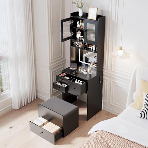 3-in-1 Make Up Vanity Desk with Mirror & Lights, Compact Vanity Table with Drawers, Storage Compartment and Rolling Stool, Modern Small Makeup Vanity and Storage Chair for Bedroom, Powder Room