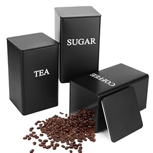 smtfcty Tea Coffee Sugar Canisters 1000ML 3 Pack Storage Canister Set, Metal Canister Storages Jar Container Set With Airtight Lid, Decorative Storage Tins for Home Kitchen (Black)