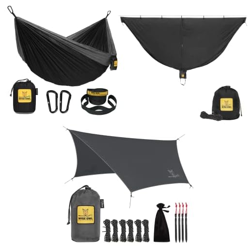 Wise Owl Outfitters Camping Hammock with Rain Fly Tarp and Bug Net - Single Hammock - Waterproof Camping Accessories & Backpacking Gear, Camping Gear Must Haves - Black